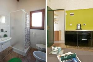 Duas fotografias de uma casa de banho com um lavatório e um WC. em Agriturismo OlivArancio em Leivi