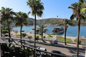 Blick auf einen Hafen mit Palmen und einem Boot in der Unterkunft Q&S Cennet Life Hotel in Fethiye