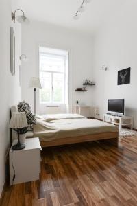 ブダペストにあるSpacious Evergreen Apartment in the heart of Budapestの白いベッドルーム(ベッド1台、テレビ付)
