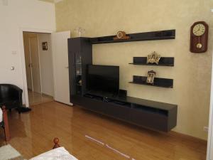 sala de estar con TV de pantalla plana en la pared en Small Luxury Kapitol Apartment, en Viena