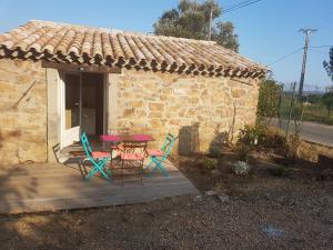 a patio with a table and chairs in front of a building at La petite bergerie in Roquebrune-sur-Argens