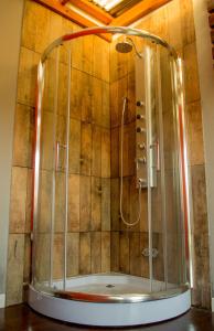 een douche met een glazen deur in een badkamer bij Hotel Maritimo in Villa Gesell