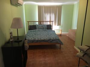 a bedroom with a bed and a lamp and a window at Tropical Farm Stay in Carnarvon