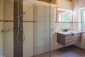 uma casa de banho com um chuveiro e um lavatório. em Straußenhof Halmer em Oberndorf an der Melk