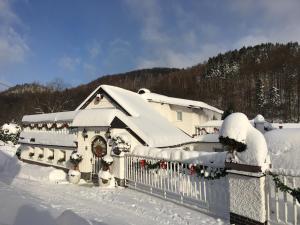 a house with a fence covered in snow at Penzion OK in Svoboda nad Úpou