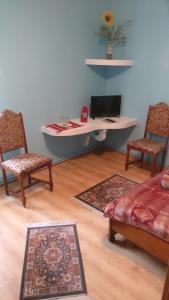 une pièce avec deux chaises et un bureau avec un ordinateur dans l'établissement Pensiunea Liana, à Nemşa