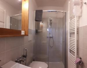 e bagno con doccia, servizi igienici e lavandino. di Oro Rosso Rooms Locazione Turistica ad Arezzo