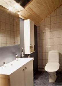 a bathroom with a white toilet and a sink at Särkijärven Majat in Muonio
