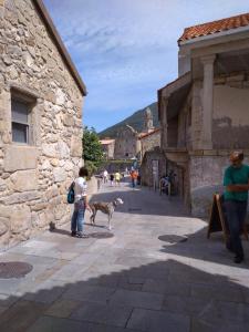a young boy and a dog standing on a street at Casa Carola in Oia