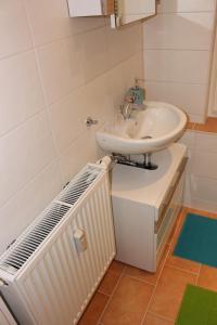 a bathroom with a sink and a radiator at Pension Holly in Oschatz