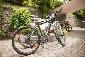 una bicicleta estacionada junto a una pared de piedra en Naturhotel Gruberhof, en Scena