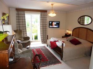 una camera con letto, divano e TV di Nya Pallas Hotel a Falkenberg