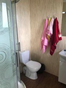 a bathroom with a toilet and a shower and towels at Modern Apartments in Mukacheve