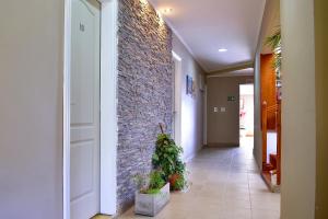 a hallway with a brick wall and a potted plant at Hotel Ozieri in San Antonio Oeste