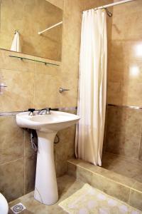 y baño con lavabo blanco y ducha. en Hotel Ozieri en San Antonio Oeste