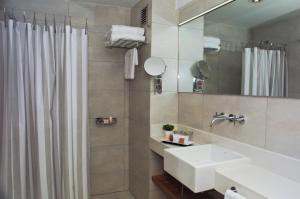 uma casa de banho com um lavatório, um espelho e um chuveiro em ian Hotel em Buenos Aires