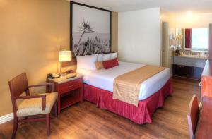a hotel room with a bed and a desk with a chair at Kings Inn Anaheim at The Park & Convention Center in Anaheim