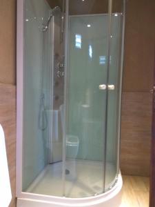 cabina de ducha de cristal con aseo en Casa quinta Camino al Sol en Junín