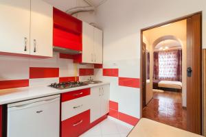 リヴィウにあるNear Opera Apartmentの赤と白のタイル張りの壁