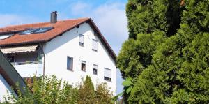 フリードリヒスハーフェンにあるBodenSEE Apartment Friedrichshafen "DACHTERRASSE"の窓と赤い屋根の白い家
