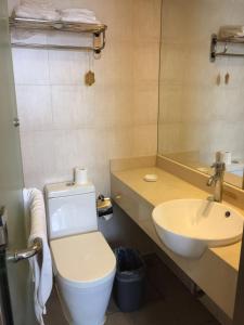 La salle de bains est pourvue de toilettes blanches et d'un lavabo. dans l'établissement Goldmet Inn Changzhi Bayi Square, à Changzhi
