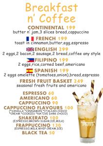 a drink with a list of different types of coffee at BLU MA RE GUESTHOUSE - Sugar Beach in Sipalay