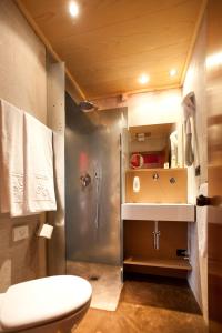 uma casa de banho com um chuveiro, um WC e um lavatório. em Ambienthotel Luna Rossa em Malcesine