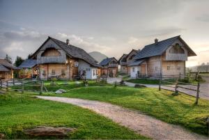 une rangée de maisons en bois sur une pelouse dans l'établissement Im Dörfl Anno 1873, à Irdning