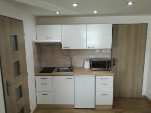 cocina blanca con fregadero y microondas en Apartmán Katka en Sučany