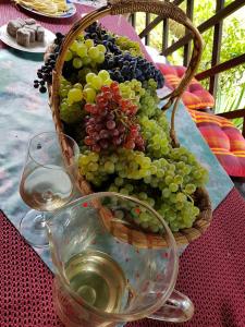 una cesta de uvas y una copa de vino sobre una mesa en Wine & Nature & Tour en Zgornji Leskovec