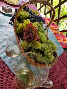 una cesta de uvas y una copa de vino sobre una mesa en Wine & Nature & Tour, en Zgornji Leskovec