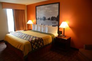 a hotel room with a bed with a painting on the wall at Super 8 by Wyndham Louisville/Expo Center in Louisville +20 photos