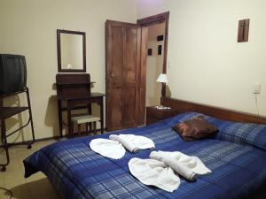 ein Schlafzimmer mit einem blauen Bett und Handtüchern darauf in der Unterkunft Casa en Las Sierras de Cordoba in La Falda