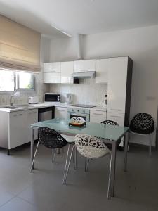 a kitchen with a glass table and two chairs at Julia's Residence in Nicosia