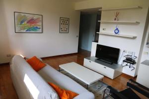 a living room with a white couch and a tv at Appartamento Giona in Maccagno Superiore