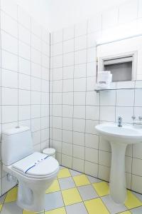 a white toilet sitting next to a sink in a bathroom at Mariot Medical Center Hotel in Truskavets