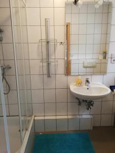 a bathroom with a sink and a shower at Ferienwohnung-gurran in Lübben