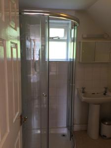 La salle de bains est pourvue d'une douche et d'un lavabo. dans l'établissement Fern Cottage, à Dorchester