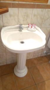un lavabo blanco con dos cepillos de dientes. en Hotel Punakora Aconcagua, en San Felipe