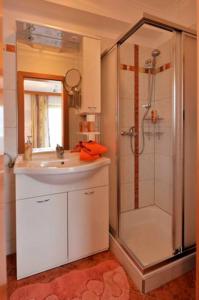 a bathroom with a sink and a shower at Bio-Bauernhof Reitmayrgut in Goldegg