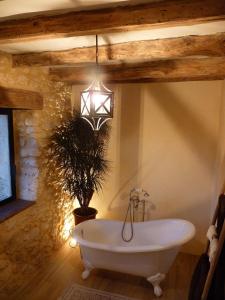 a bathroom with a white tub and a potted plant at Aux fontaines d'Eyvigues in Eyvignes-et-Eybènes