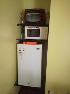 プエルトモントにあるCasa-Departamento Gimar Choroyの冷蔵庫の上に置かれた電子レンジ
