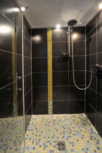 a bathroom with a shower with a glass door at Bio-Bauernhof Reitmayrgut in Goldegg