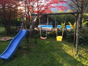 a playground with a slide and a swing at Seehotel am Hallstättersee in Obertraun