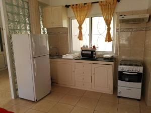 a kitchen with a white refrigerator and a window at Casa da Luz - Appartement in Mindelo