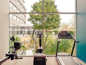 a gym with a treadmill and a large window at Mercure Lyon Genas Eurexpo in Genas