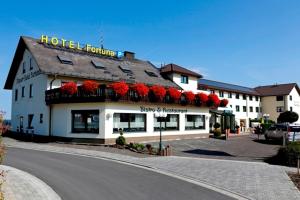 un bâtiment d'hôtel avec des fleurs rouges dans une rue dans l'établissement Airport-Hotel Fortuna, à Lautzenhausen