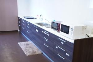 a kitchen with a sink and a microwave at Guesthouse Sumiyoshi in Osaka