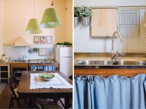 twee foto's van een keuken met een tafel en een wastafel bij La Casetta Di Filippo E Chiara in Pisa