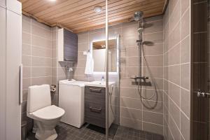 a bathroom with a toilet and a sink and a shower at UnelmaKelo in Ruka +13 photos